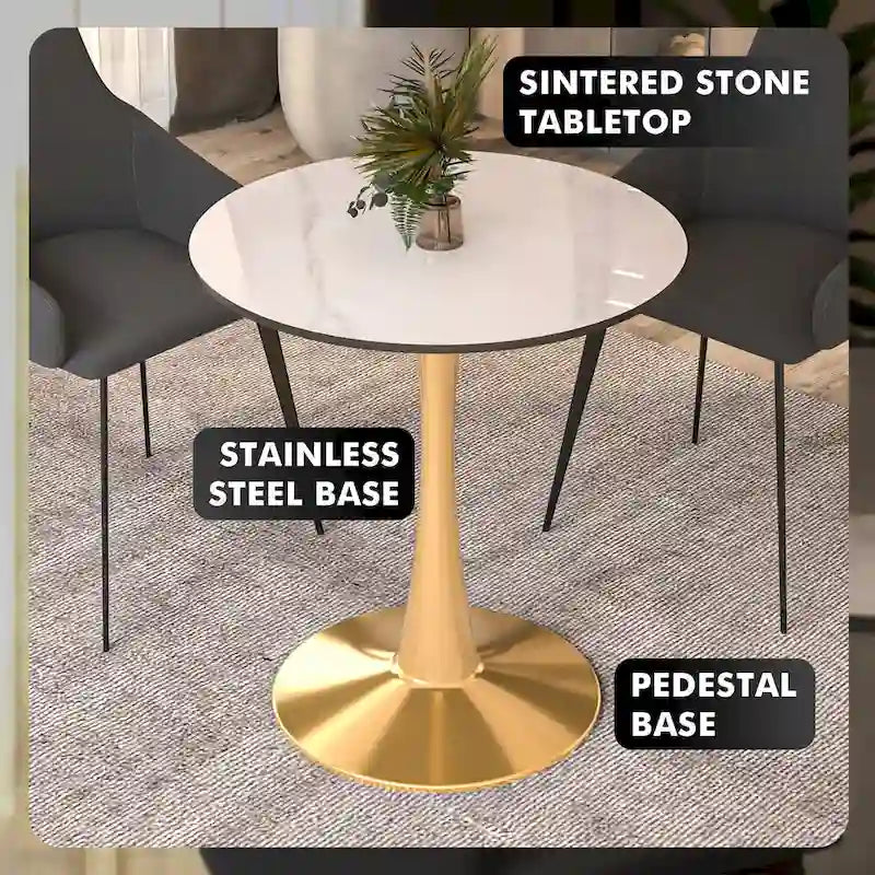 31 Round Dining Table for 4 with Sintered Stone Tabletop in Gold Steel Base for Kitchen & Dining Room