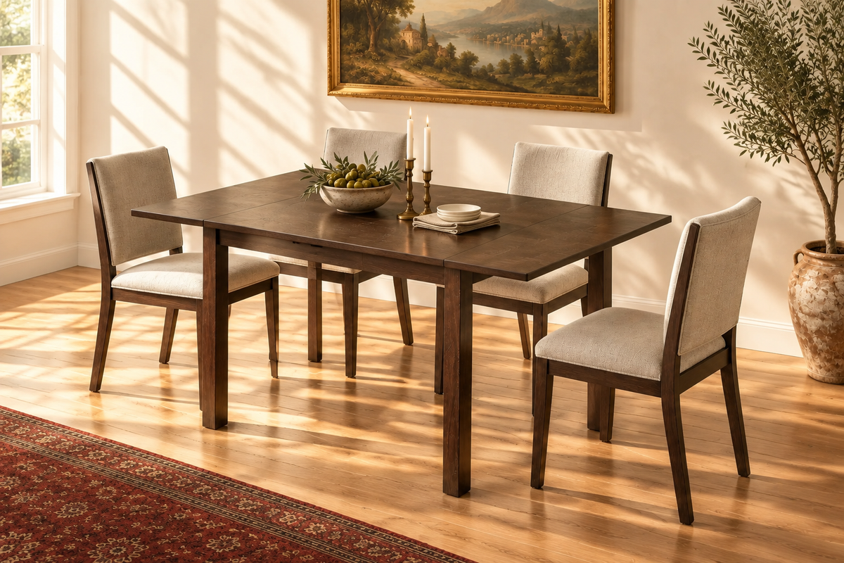 Dark cappuccino drop leaf dining table, elevated three-quarter angle