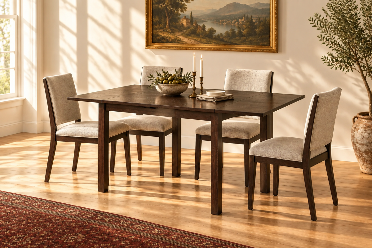 Dark cappuccino drop leaf dining table, alternate front angle